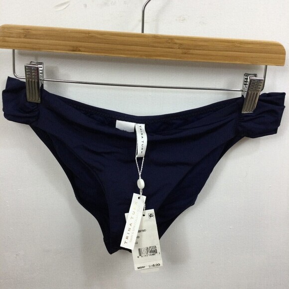 Trina Turk Mid Blue Getaway Solid Shirred Side Hipster Bikini Swim Bottom 12 NWT - Picture 4 of 9